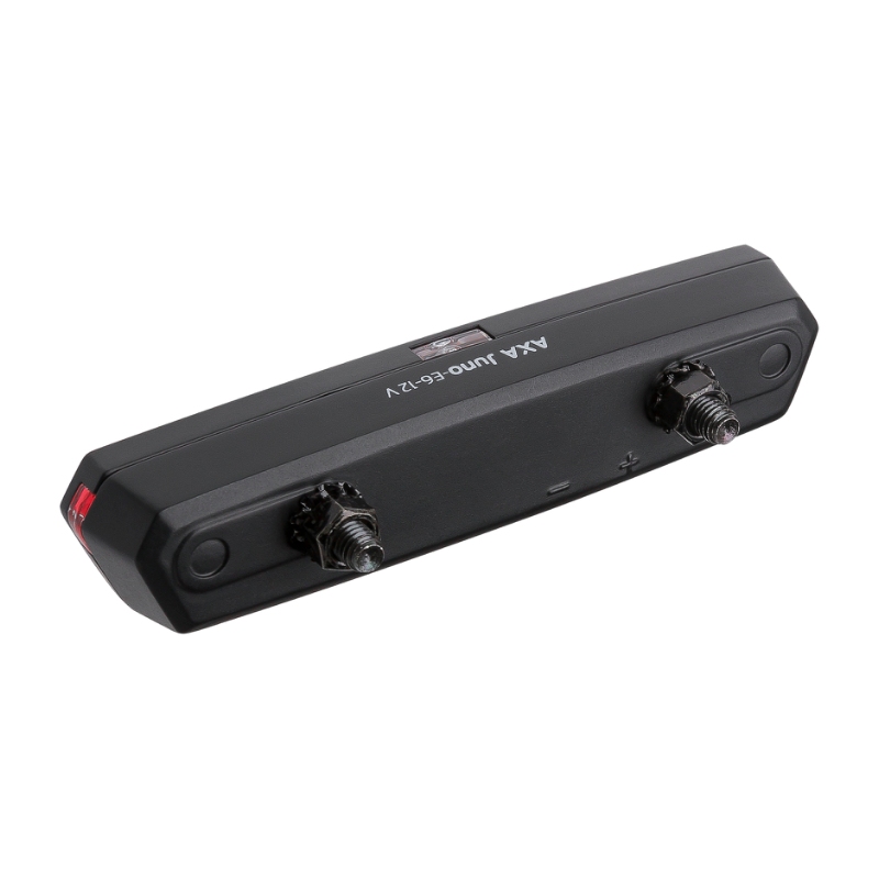 AXA baglygte JUNO E m. refleks til elcykler.  DC 6-12 V spændingsvidde. Monteres på bagage- bærer (hulafstand 50 mm).  Lev.uden ledning.